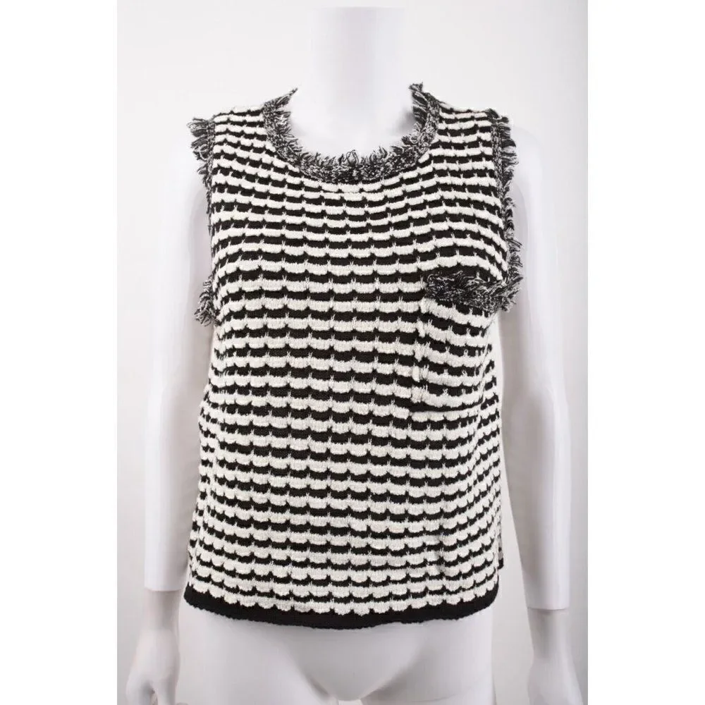 Zara Womens Knit Sweater Top Frayed Edges Rhinestone Buttons M Black White NWT